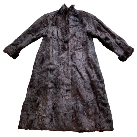 80s VTG JKI Full Length Genuine Fur Coat Rabbit Brown Purple Large Rustic 6754 - Picture 2 of 16